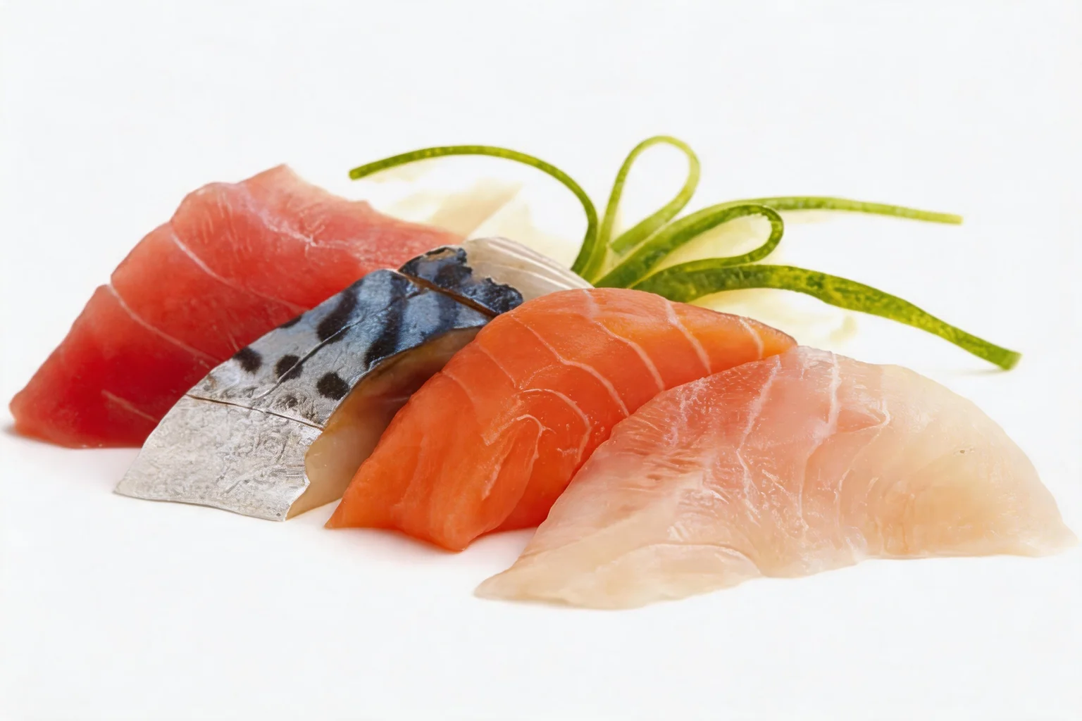 Assorted salmon, tuna, mackerel and white fish sashimi, fanned out on a white background with a sprig of cucumber