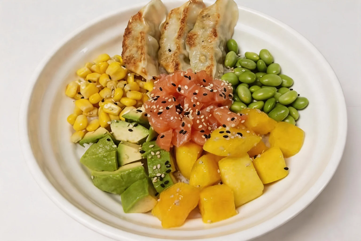 A composed bowl of raw salmon, gyoza, avocado, edamame, mango and corn, in a white bowl on a light background