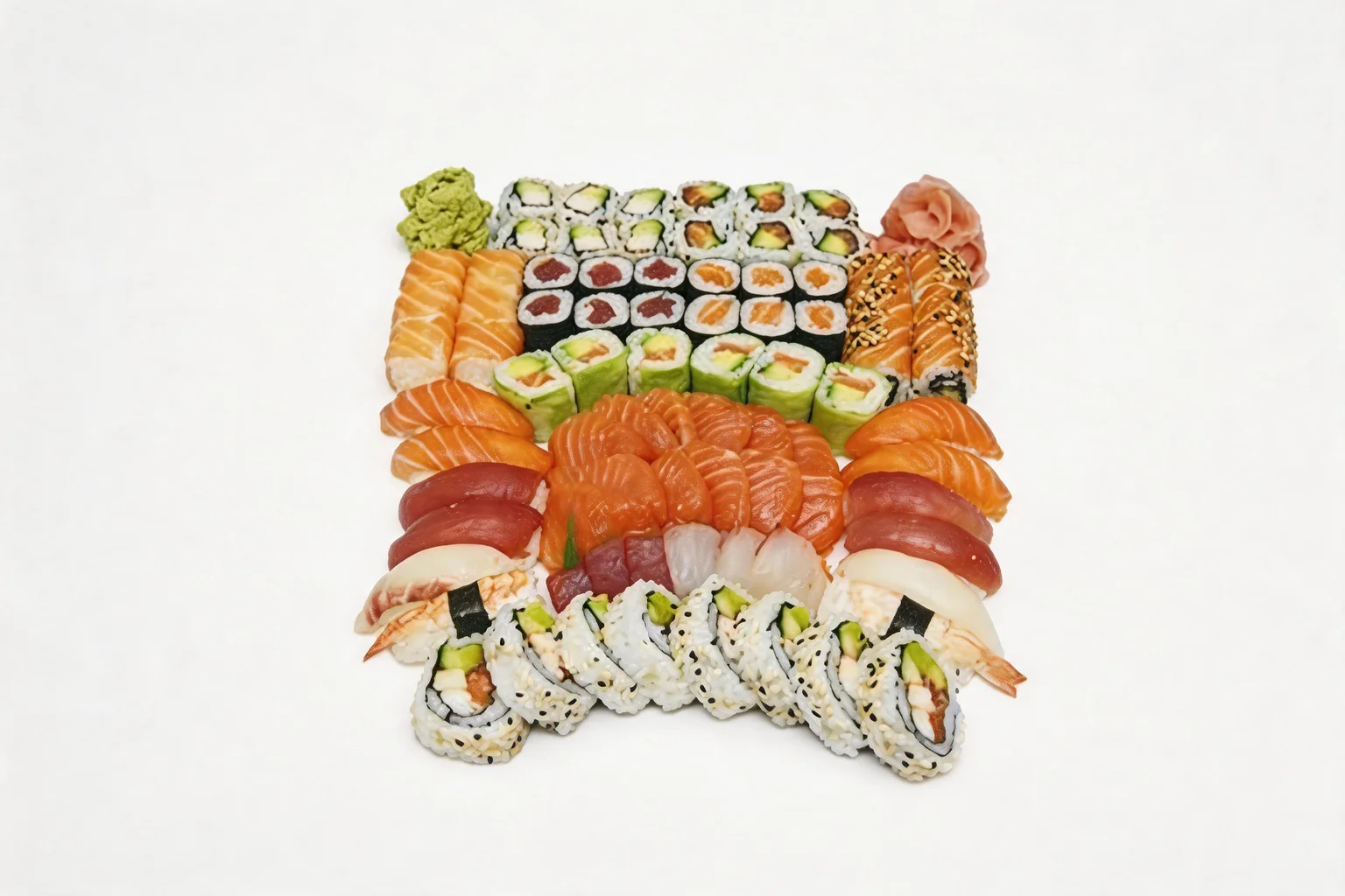Large square platter with assorted maki, sushi and sashimi, wasabi and ginger, on a white background