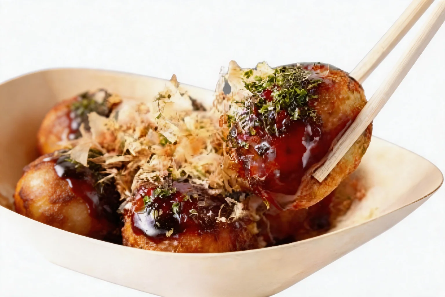 Takoyaki topped with sauce and dried bonito flakes in a tray, with chopsticks