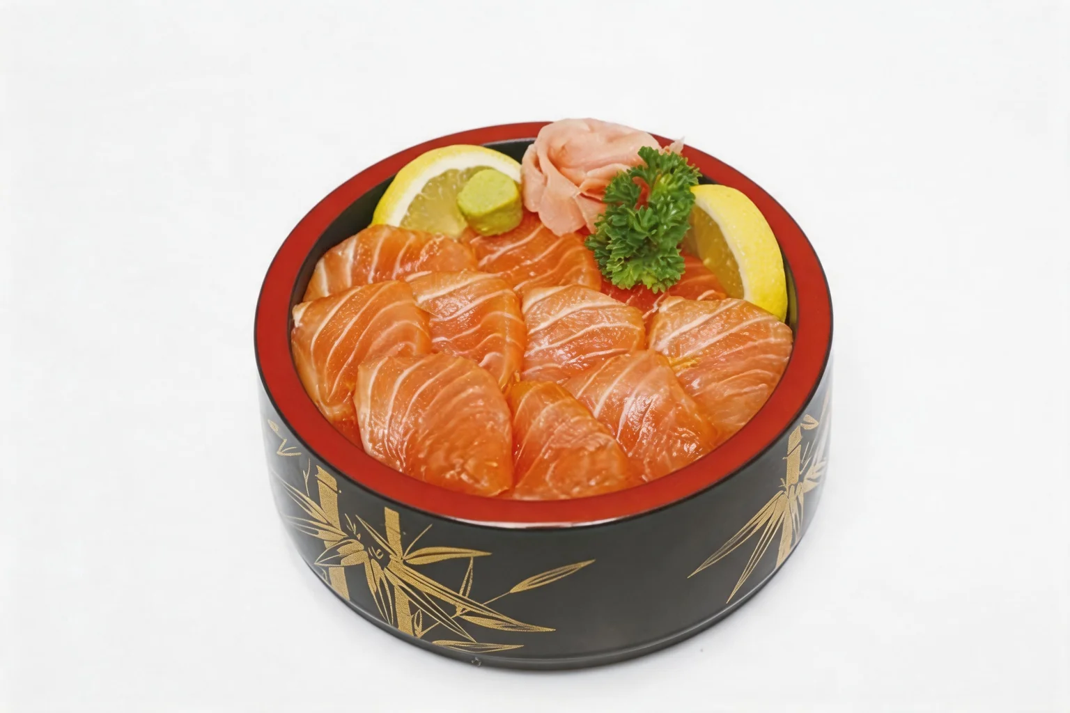A black and red lacquered bowl filled with slices of raw salmon on vinegared rice, with ginger, lemon and parsley
