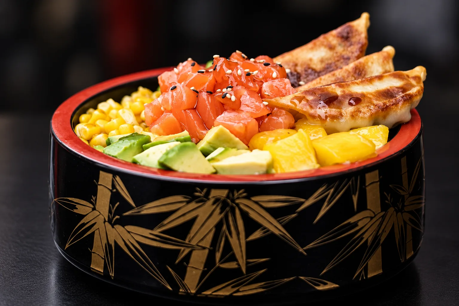 Salmon poke bowl with grilled dumplings in a lacquered bowl